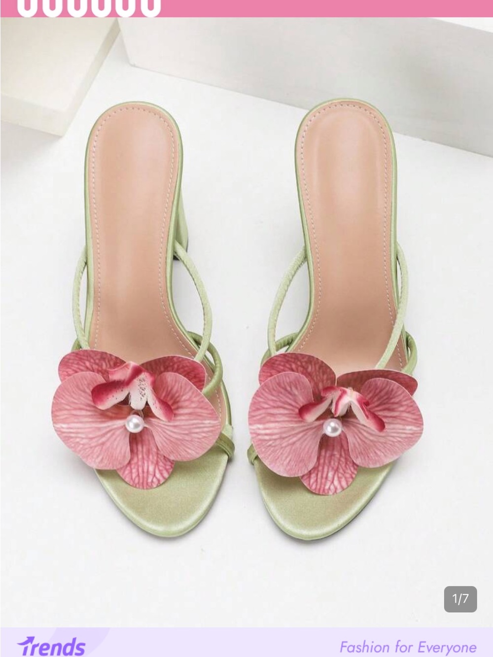 SHEIN Light Green Satin Slide Heels with Pink Floral Pearl Accent